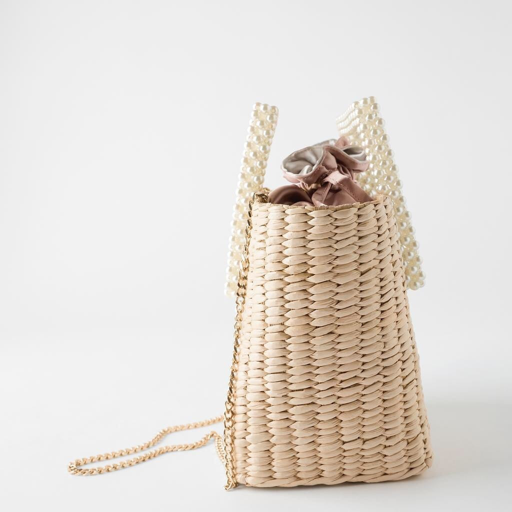 Bolso tejido de cola de gato, mango de perla, bolso de cuentas, bolso tejido de paja, bolso diagonal de hombro