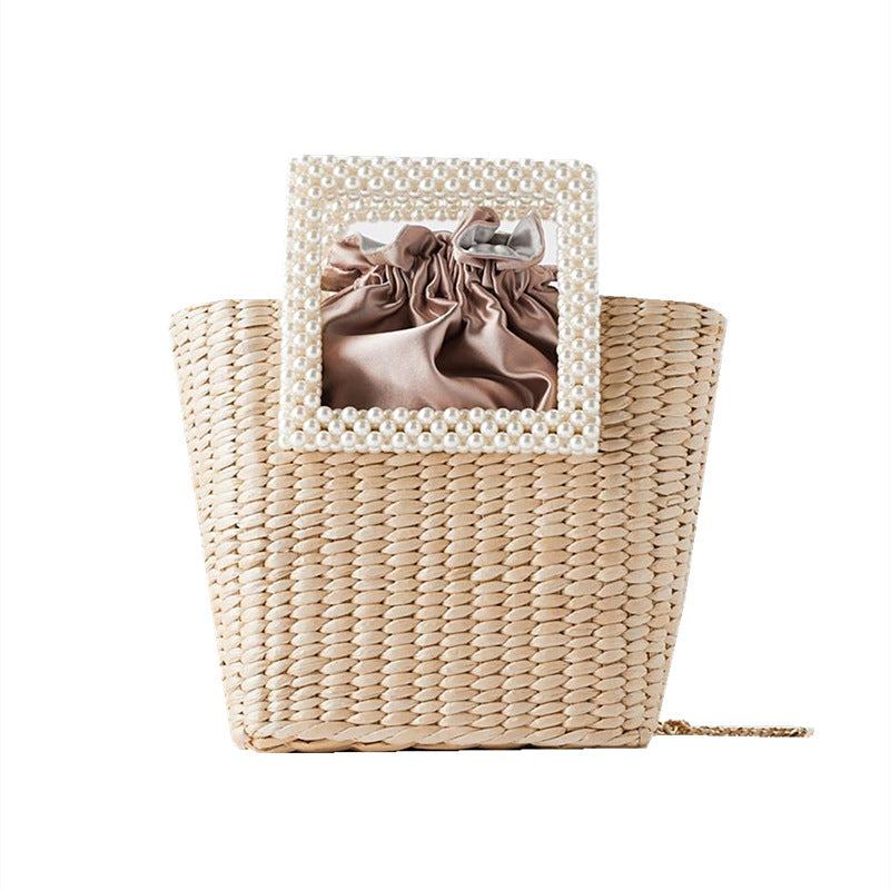 Bolso tejido de cola de gato, mango de perla, bolso de cuentas, bolso tejido de paja, bolso diagonal de hombro