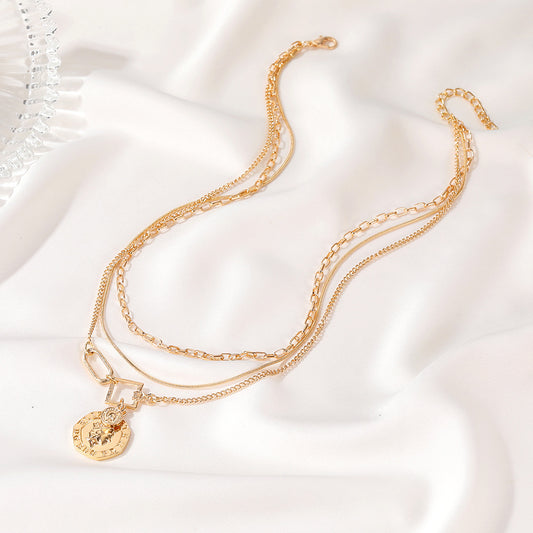 Collier pendentif multicouche style hip-hop punk avec pièce de monnaie et portrait