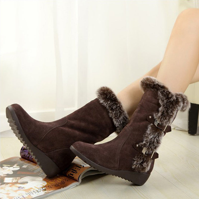 Botas de nieve de media pantorrilla para mujer, zapatos informales, cálidos, de piel, con punta redonda, sin cordones, color marrón, para invierno