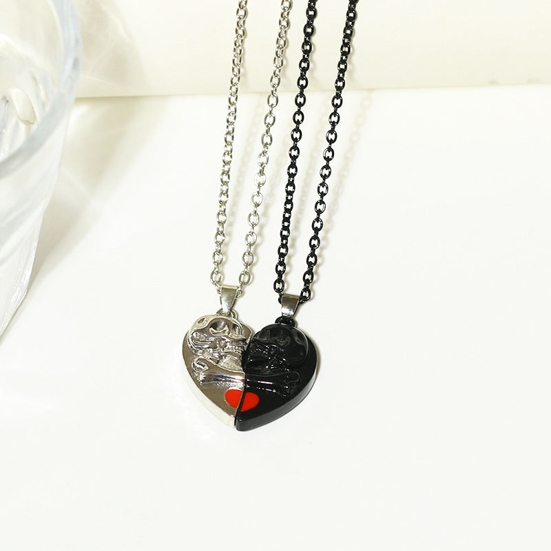 Collier avec pendentif tête de mort punk rétro pour Halloween, en forme de cœur, avec coutures magnétiques, pour couple