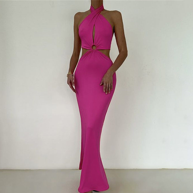 Sexy Fashion Stitching Halter Strap Backless Dress