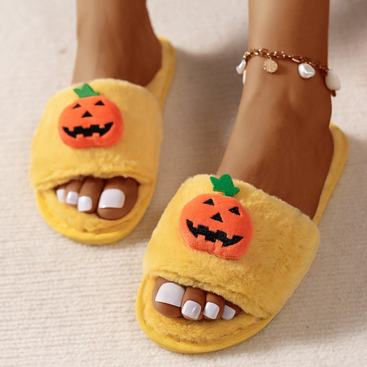 Chaussons en peluche citrouille d'Halloween pour femme, chaussures d'intérieur à bout ouvert, chaudes et d'hiver