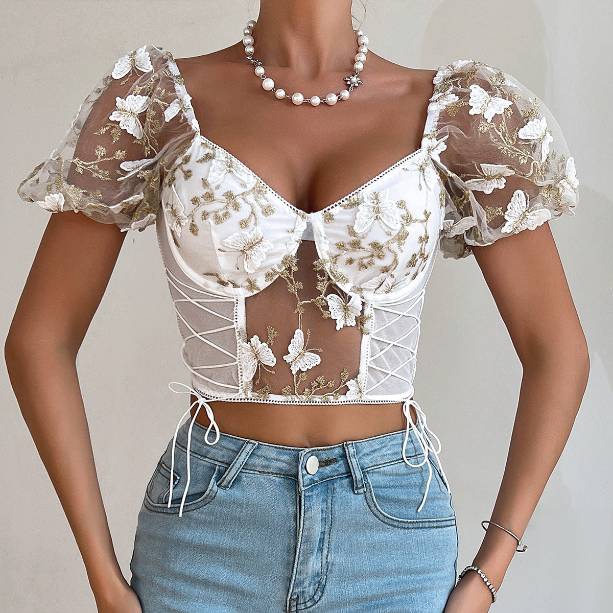 Chaleco de malla con costuras y tirantes transparente sin espalda