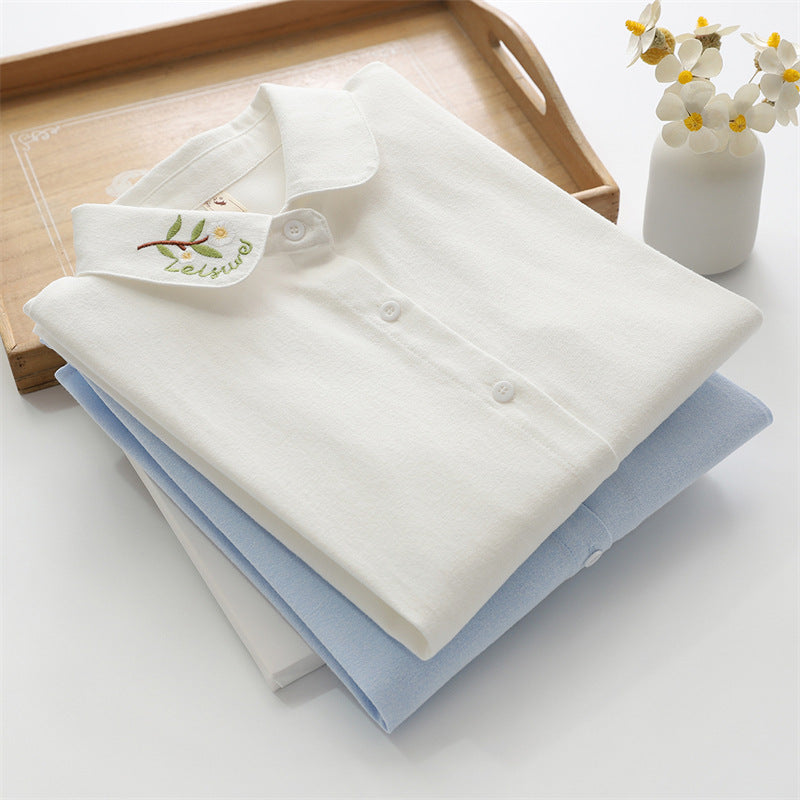 Chemise à manches longues en coton uni avec col brodé et feuilles pour femme
