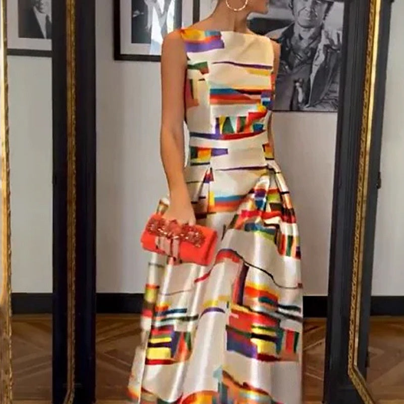 Vestido sin mangas delgado con control de cintura estampado casual de nueva moda