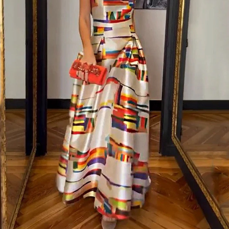 Vestido sin mangas delgado con control de cintura estampado casual de nueva moda