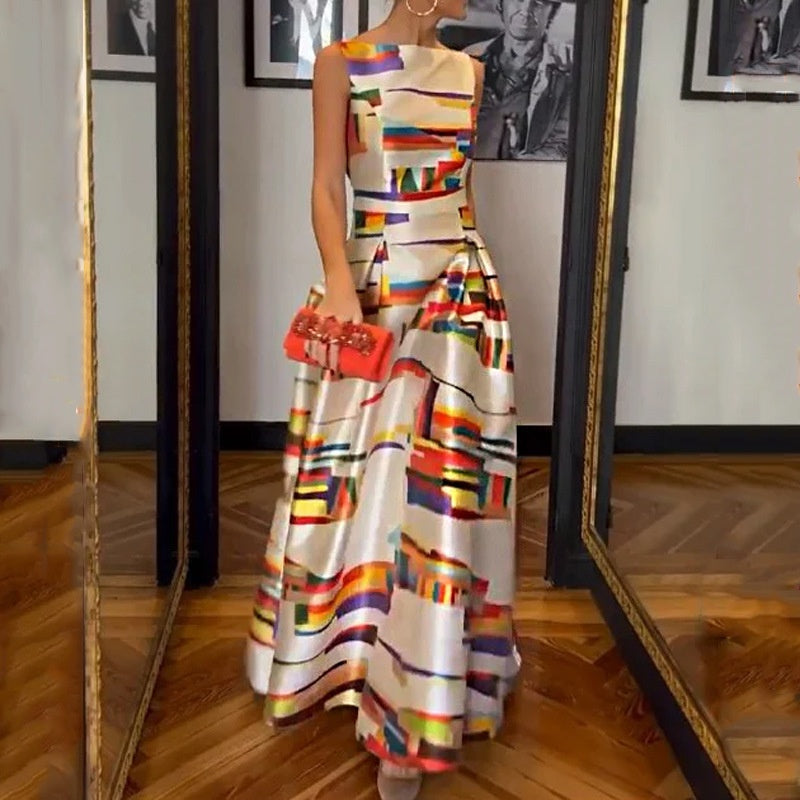 Vestido sin mangas delgado con control de cintura estampado casual de nueva moda