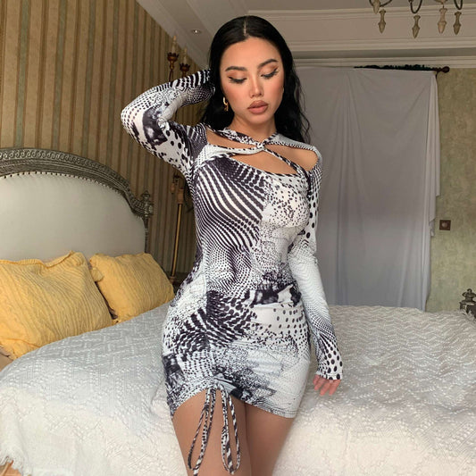 Robe imprimée à manches longues avec cordon de serrage creux