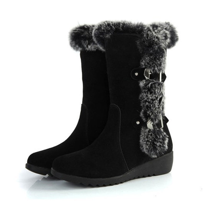 Botas de nieve de media pantorrilla para mujer, zapatos informales, cálidos, de piel, con punta redonda, sin cordones, color marrón, para invierno