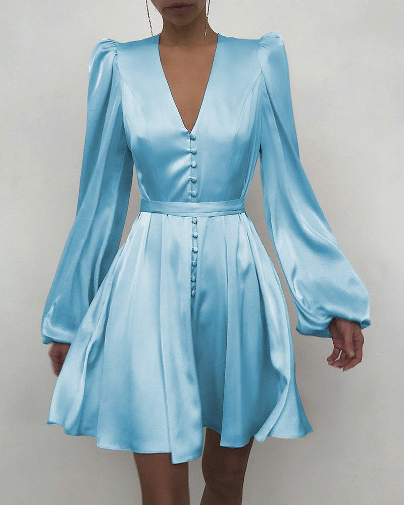 Satin Satin V-Neck Temperament Slim Dress