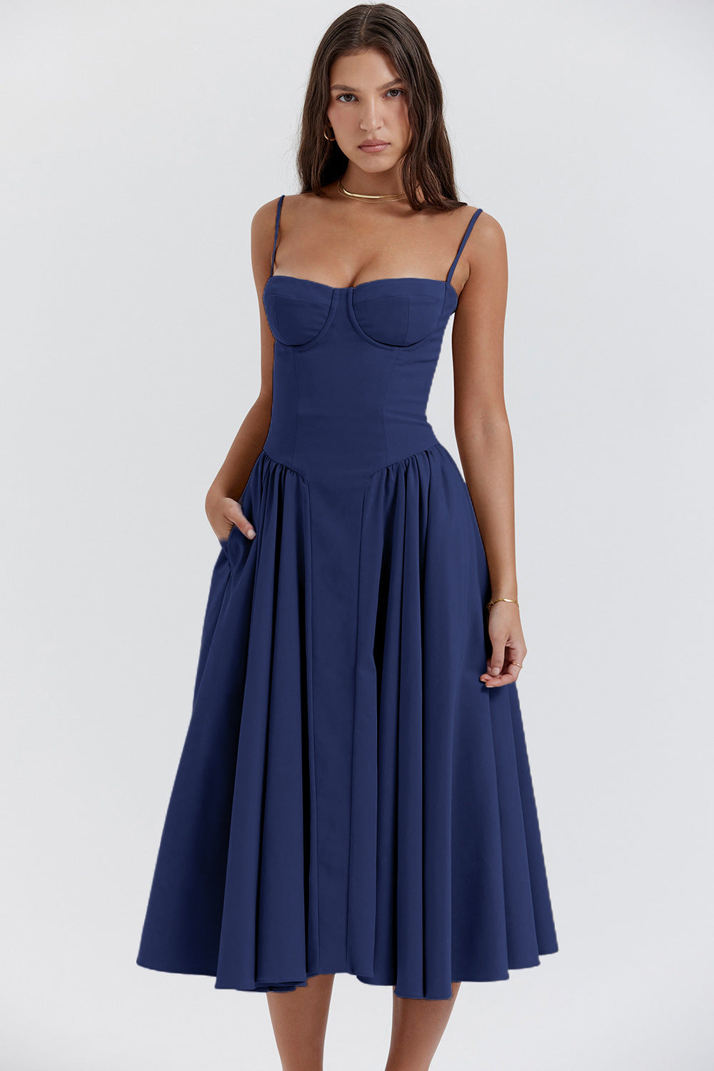 Vestido con vuelo grande y tirantes escotados, estilo palaciego elegante, nuevo, para mujer