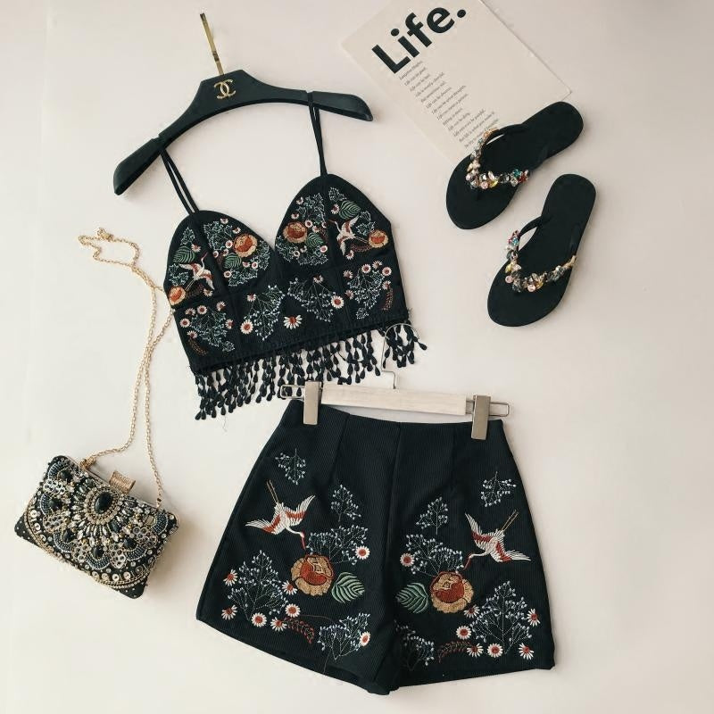 Flower Sling Top + High Aaist Embroidered Shorts two-piece suit