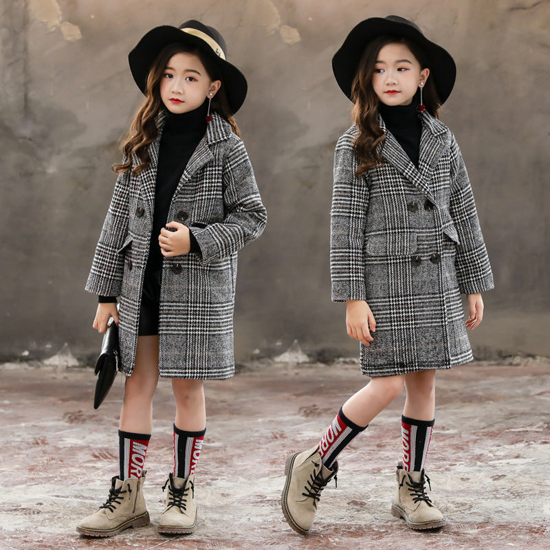 Manteau pied-de-poule gris à carreaux pour fille