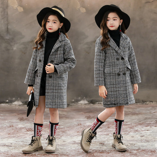 Manteau pied-de-poule gris à carreaux pour fille
