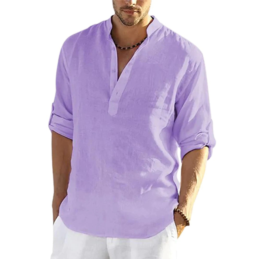 Camisa informal de algodón y lino de color liso con cuello alto holgado y manga larga para hombre