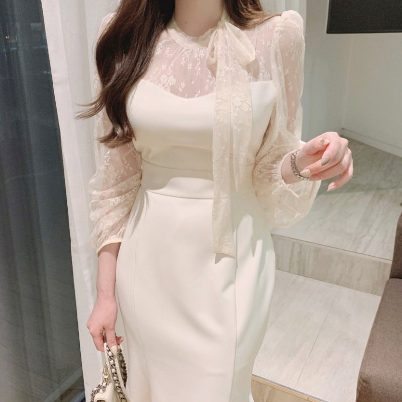Robe fourreau amincissante en patchwork de mailles rubanées à taille haute