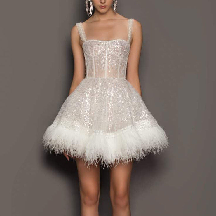 Jupe à bretelles à paillettes et plumes, nouvelle collection automne