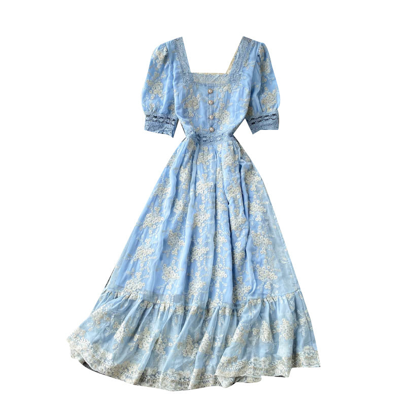 Women's Vintage Lace Square Neck Slim Fit Mid Length Ruffle Dress