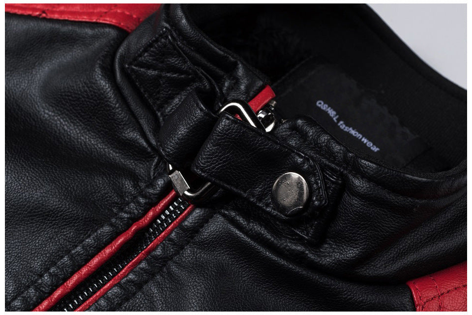 Veste en cuir à coutures de moto pour homme, col montant, style rétro