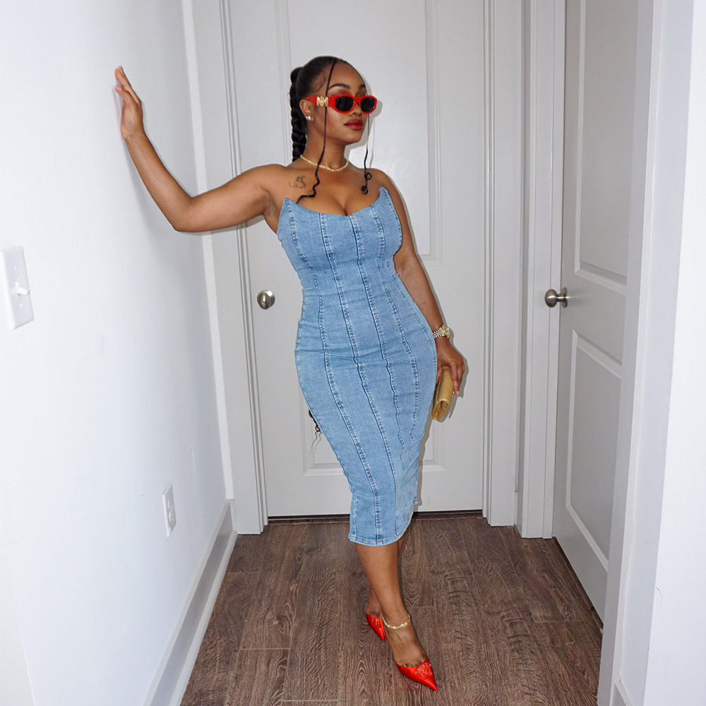 Robe tube en jean à coutures tendance et coupe slim pour femme