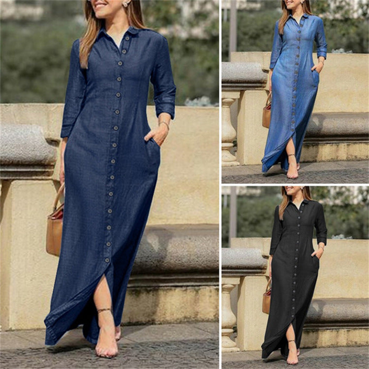 Robe longue boutonnée en jean à col chemise