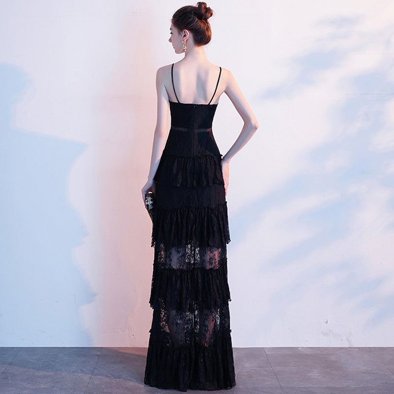 Robe de soirée noire à bretelles pour femme