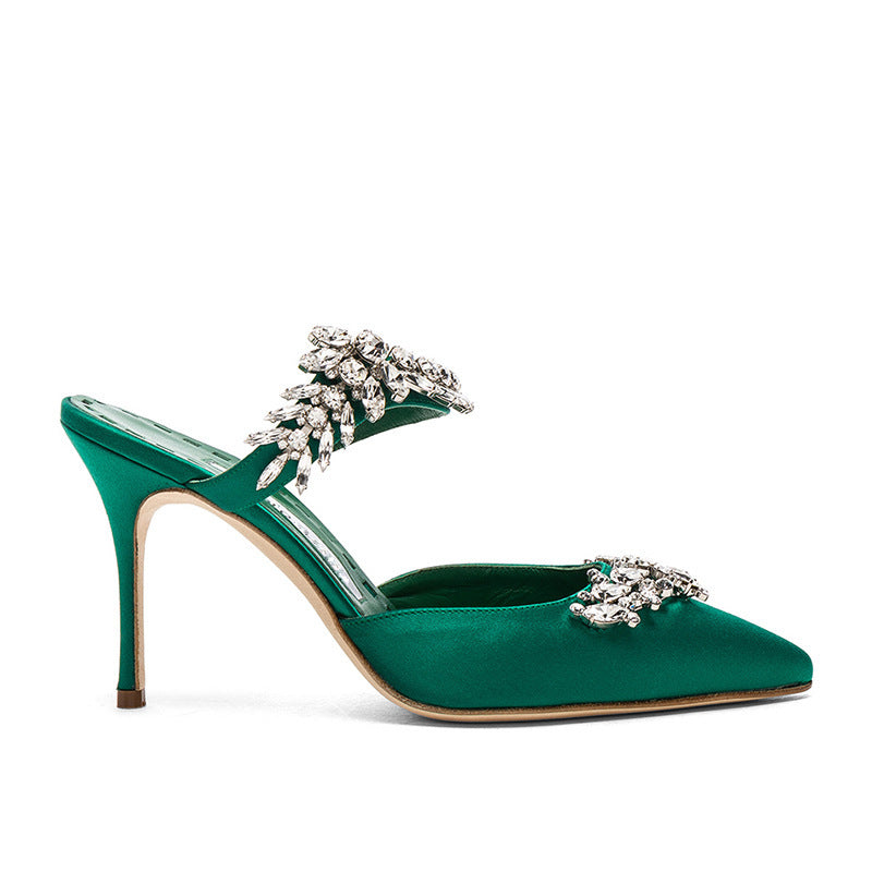 Sandalias francesas con punta en punta y tacón de aguja con diamantes de imitación