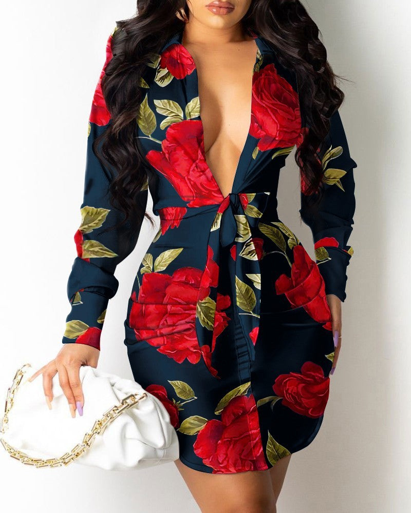 Vestido camisero de manga larga con cuello en V y estampado para mujer