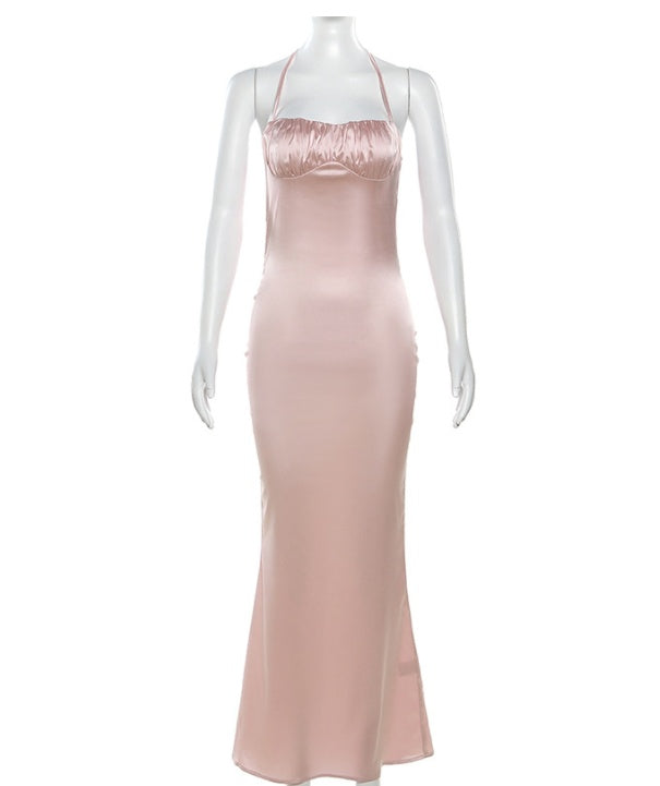 Robe sexy à col suspendu et dos ouvert pour femme, coupe ajustée, hanches enveloppées