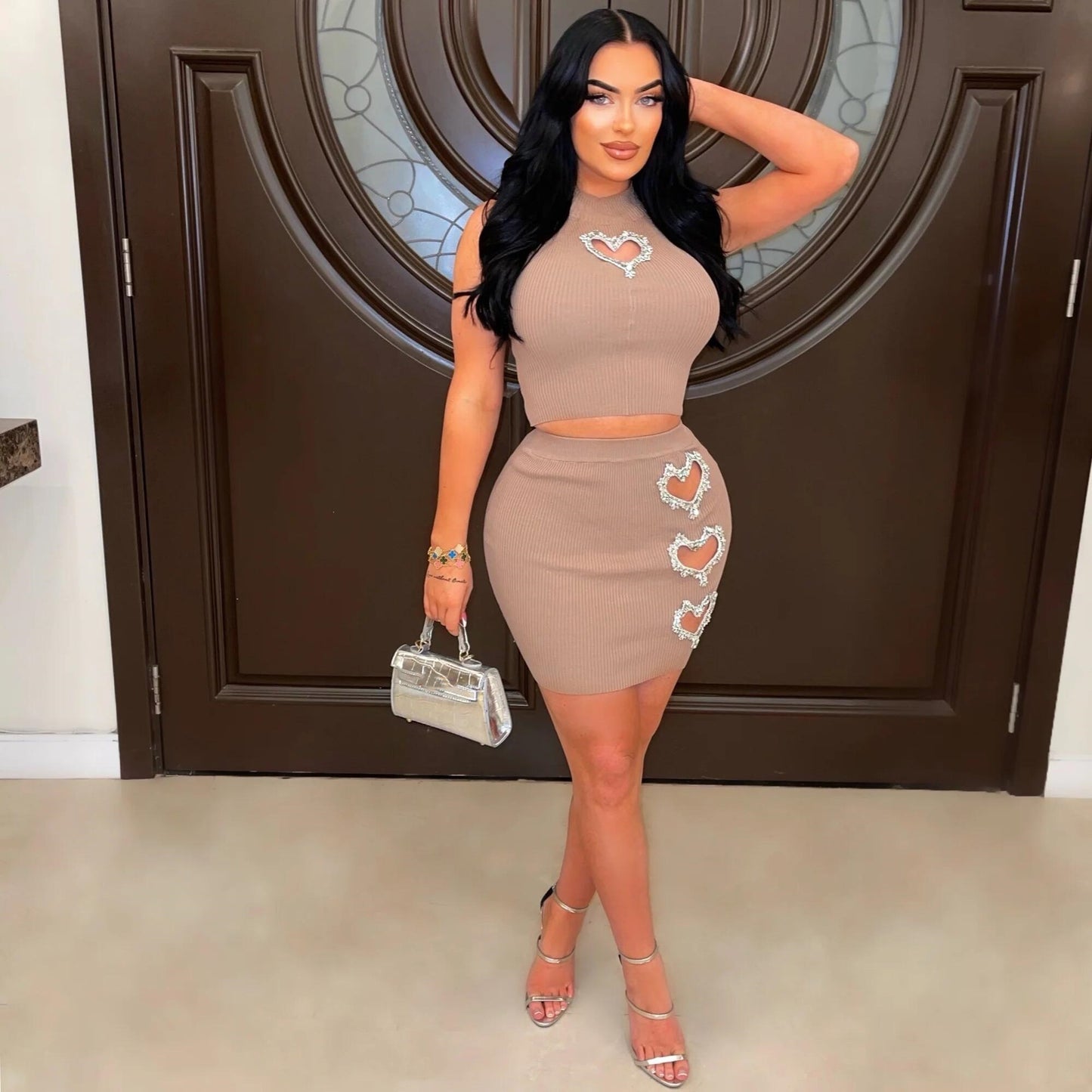 Ensemble jupe côtelée sans manches de couleur unie pour femme