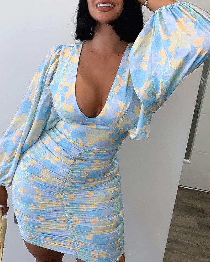 New Style Women's Printed V-Neck Long-Sleeved Dress