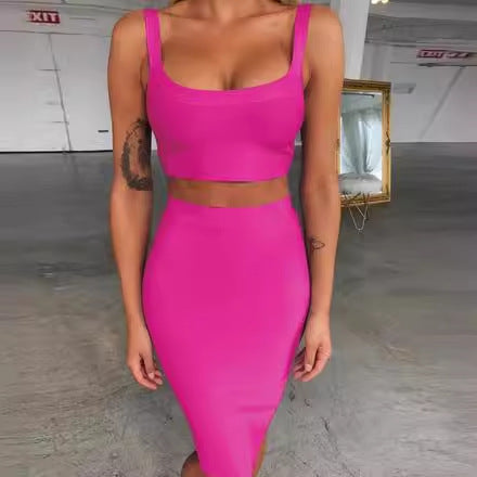 Solid Color Sling U-neck Short Top High Waist Slim Hip Skirt Bandage