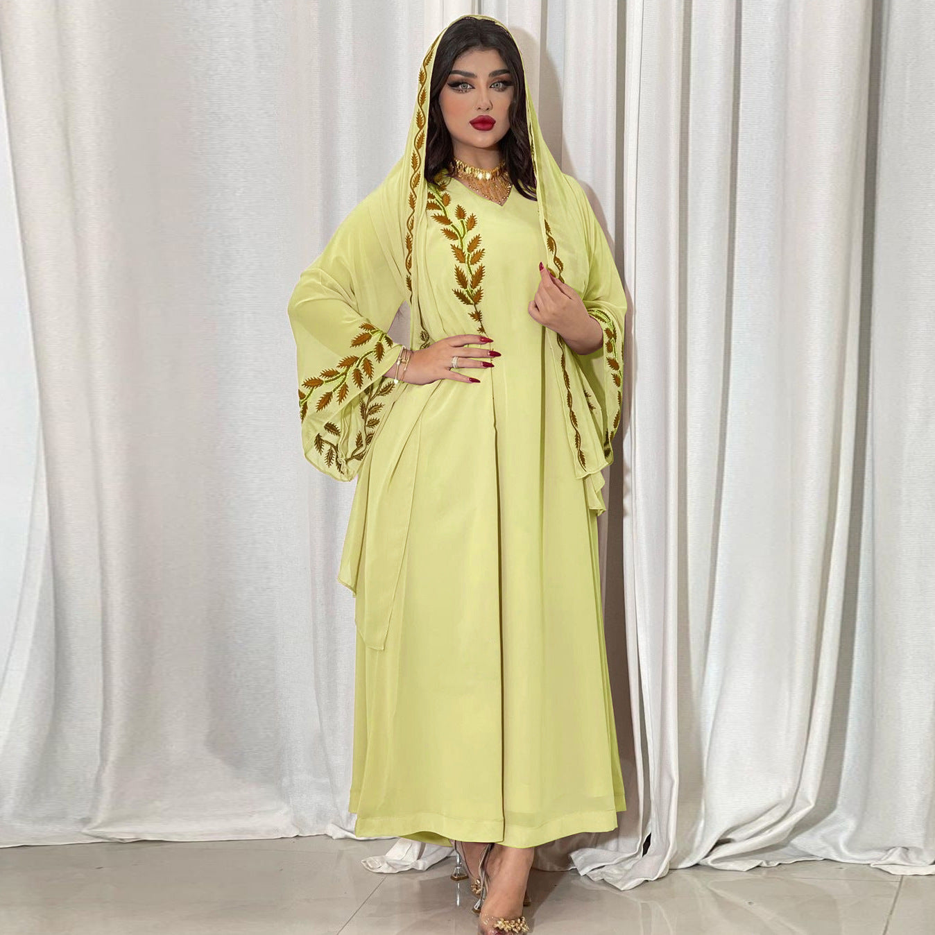 Chiffon Long Muslim Embroidered Crew Neck Dress With Headscarf