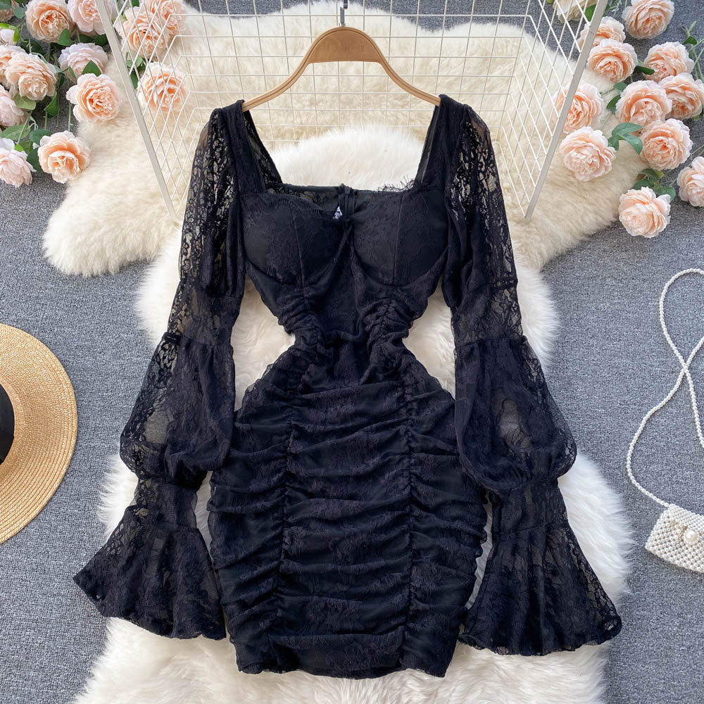 Women's Square Neck Lace Perspective Lantern Sleeve Waist Bag Hip Dress
