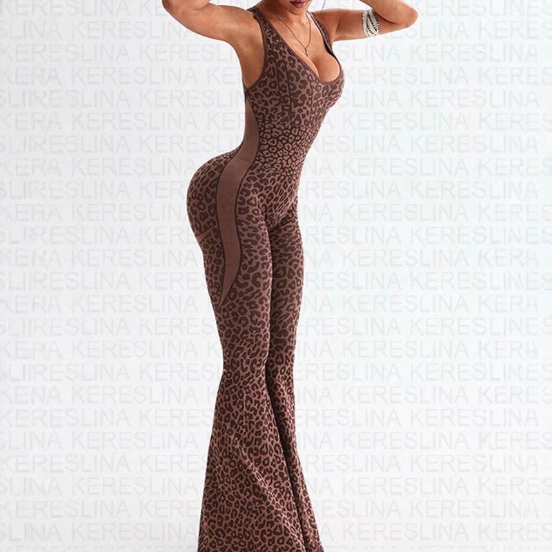 Leopard Print Printed V-neck Backless Slim Fit Halter Jumpsuit