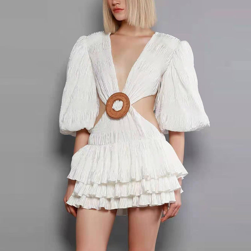 Women's Fashion Solid Color And V-neck Puff Sleeve Dress