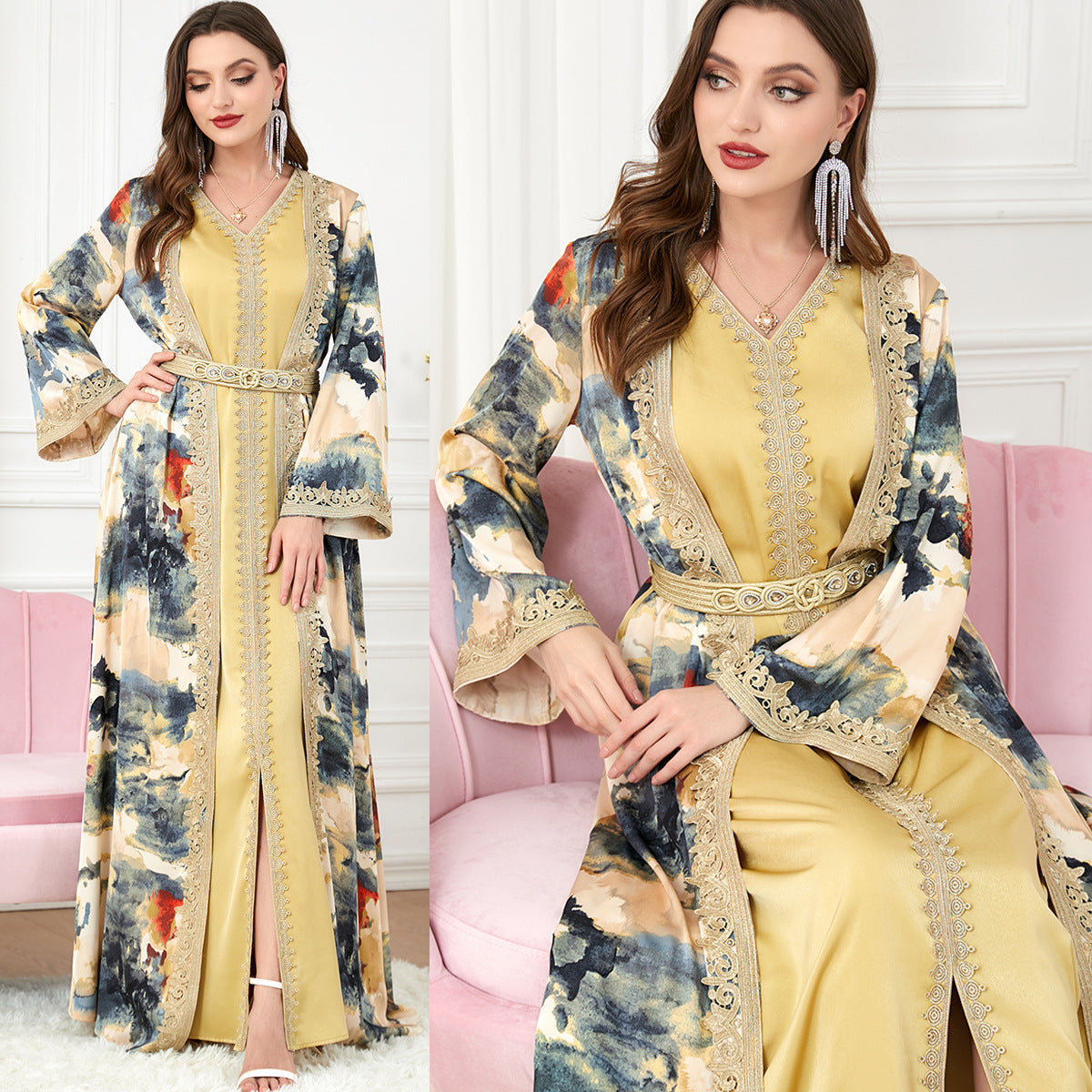 Vestido de dos piezas con escote en V y manga larga para mujer