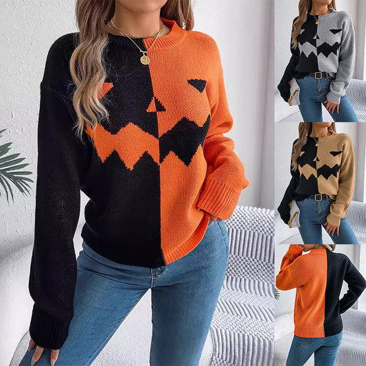 Pull d'Halloween à manches longues et couleurs contrastées pour femme