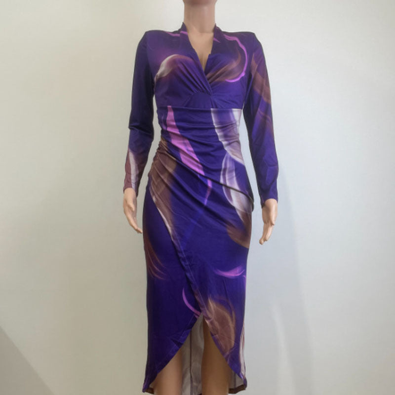 Robe moulante à manches longues et col en V pour femmes européennes et américaines, automne et hiver