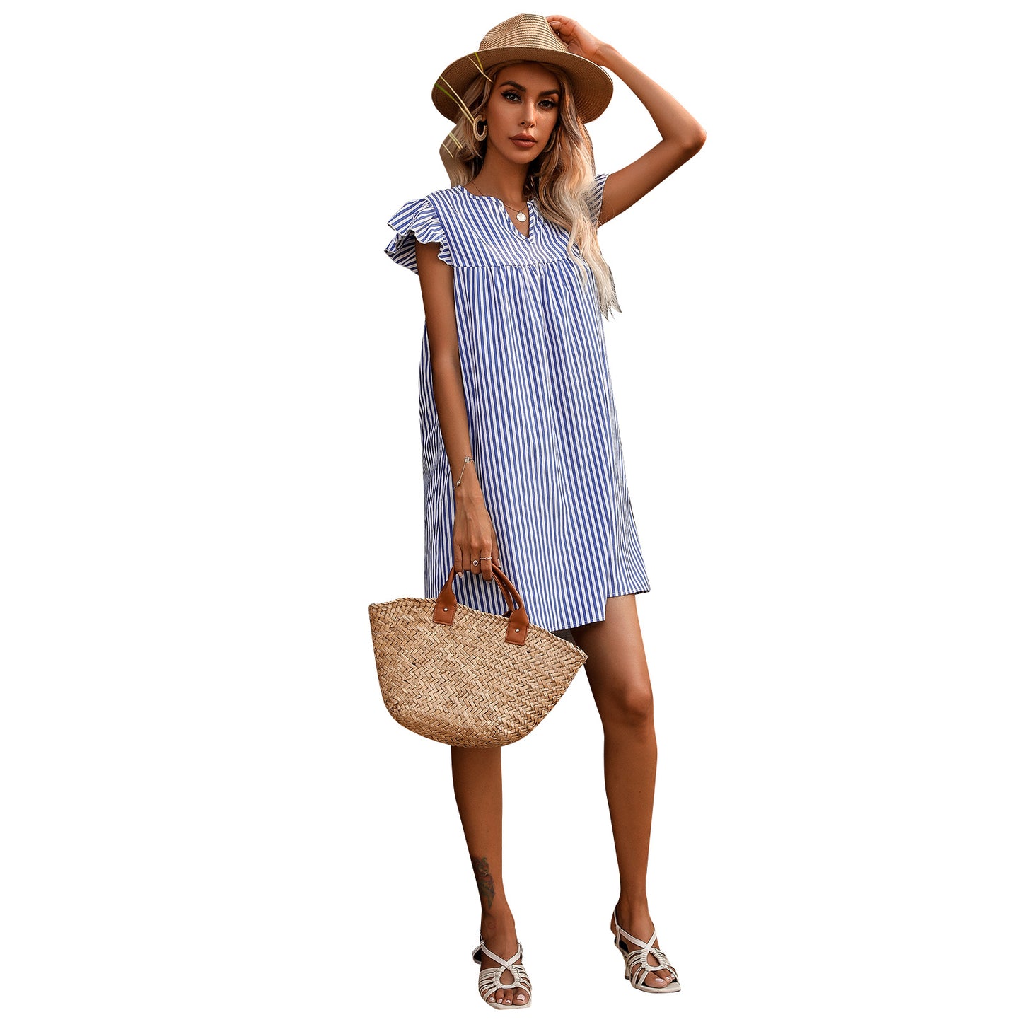 Robe rayée à col en V pour femme