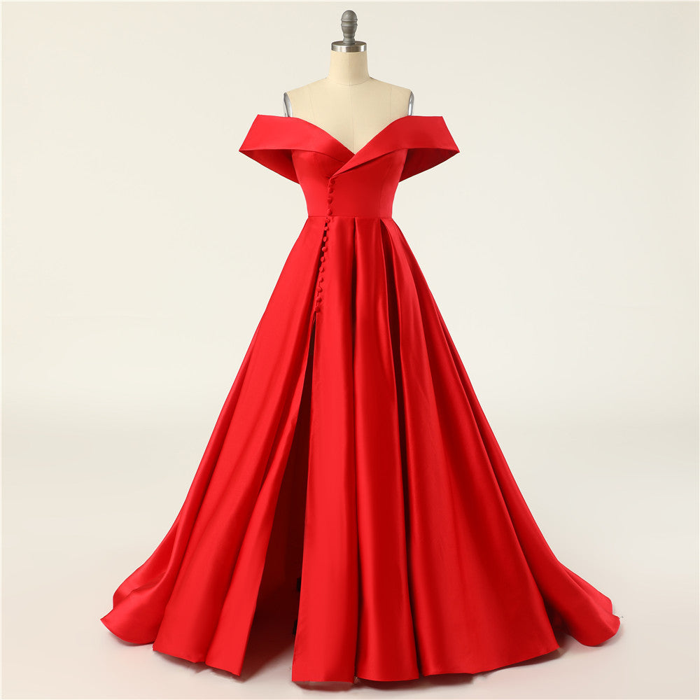 Vestido sexy de satén mixto con cintura alta, hombros descubiertos, escote en V profundo y abertura alta