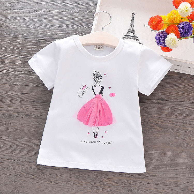 Camiseta de algodón de manga corta para niños de verano de Corea, camiseta de dibujos animados para niñas, camiseta de media manga para niñas pequeñas
