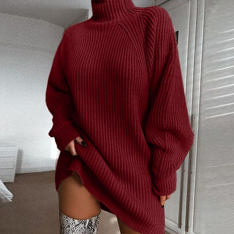 Pull long à col roulé uni pour femme, robe pull chaude d'hiver