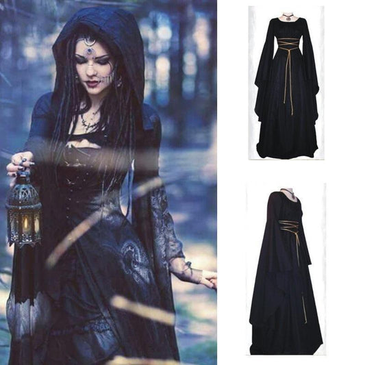 Robe d'Halloween à manches longues et col rond pour femme, tenue irrégulière avec ceinture, costume de sorcière d'Halloween