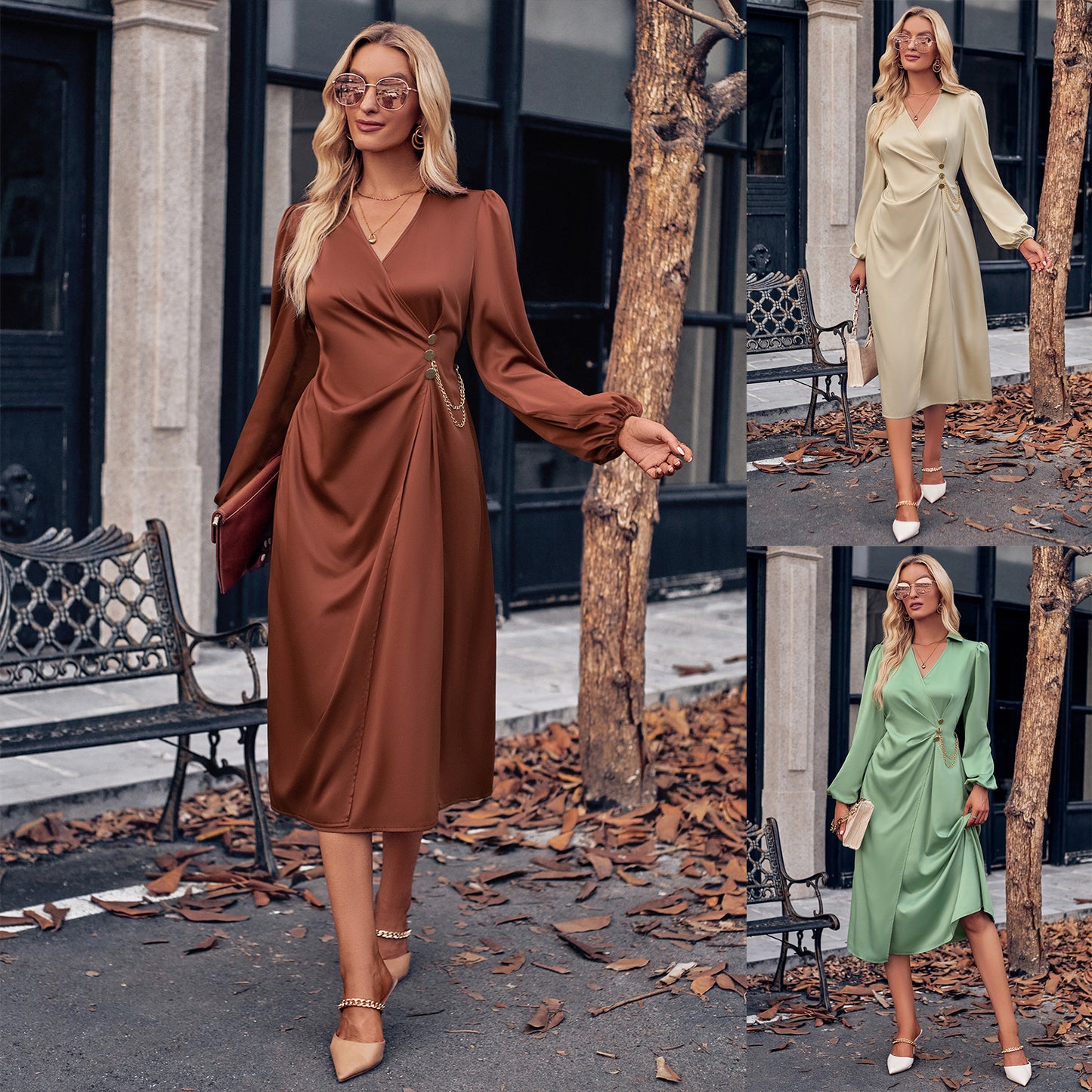 Robe décontractée à manches longues et col en V, couleur unie, nouée à la taille