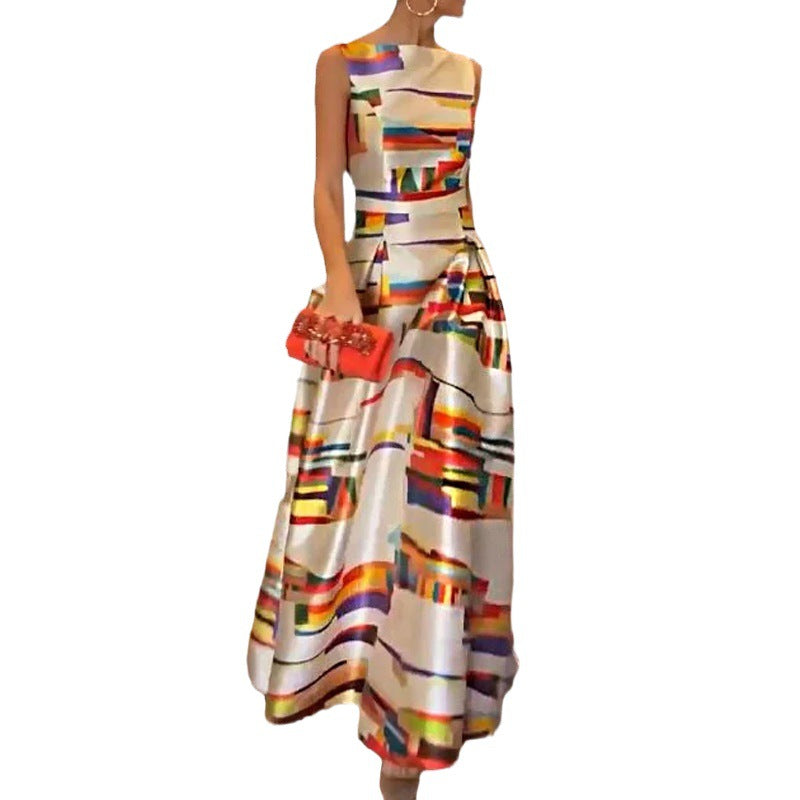 Vestido sin mangas delgado con control de cintura estampado casual de nueva moda