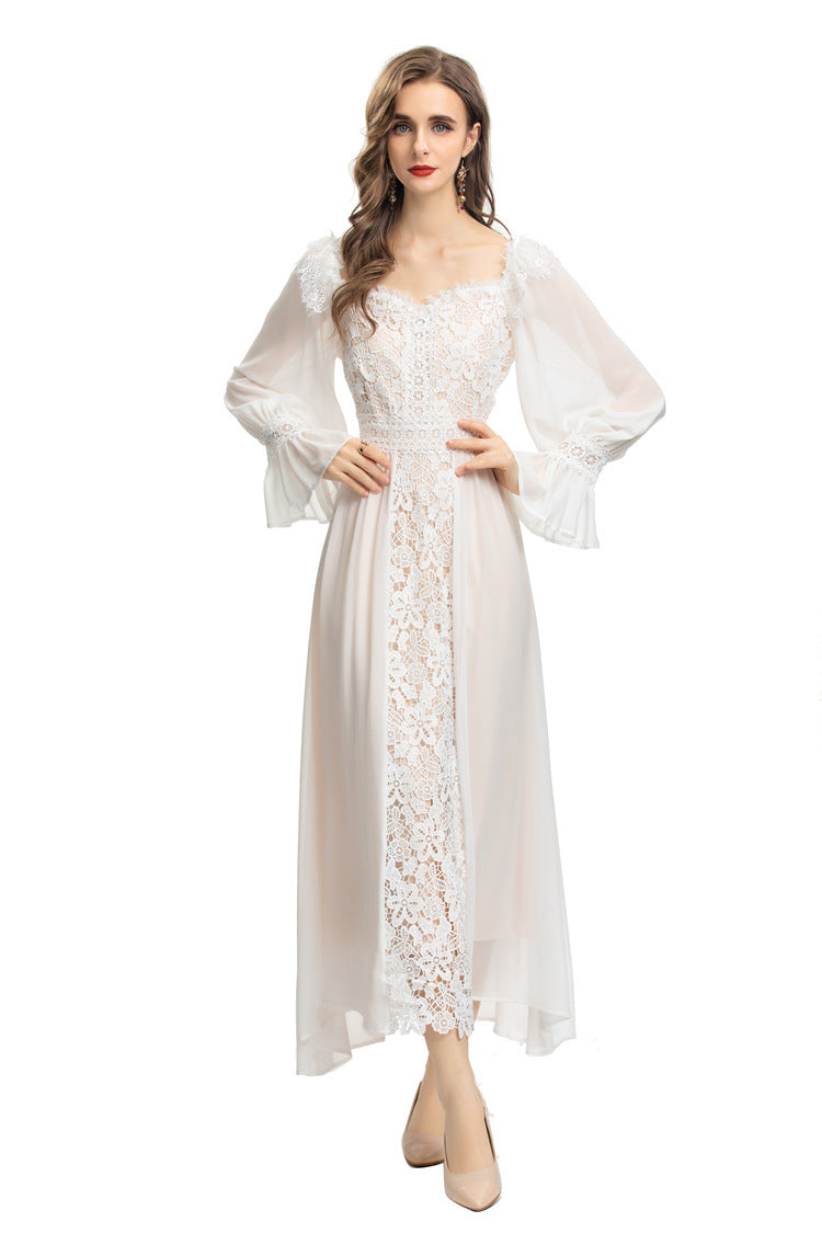 Robe coupe ajustée en maille douce et dentelle épissée de tempérament français