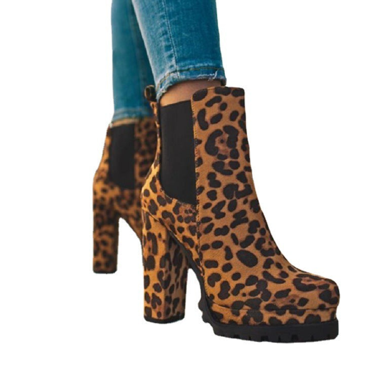 Botas de tobillo de punta redonda con estampado de leopardo liso, zapatos de tacón alto cuadrado grueso para mujer, botas de fiesta de vestir de gamuza de moda informal para otoño e invierno
