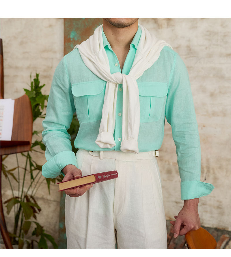Fashion Pure Linen Breathable Retro Long Sleeve Shirt Men
